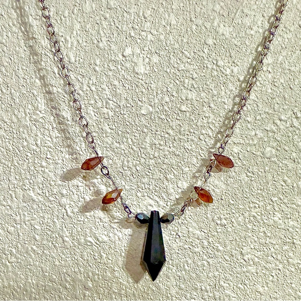 Mildly Goth Black crystal & dark amber accent Pendant handmade Necklace
